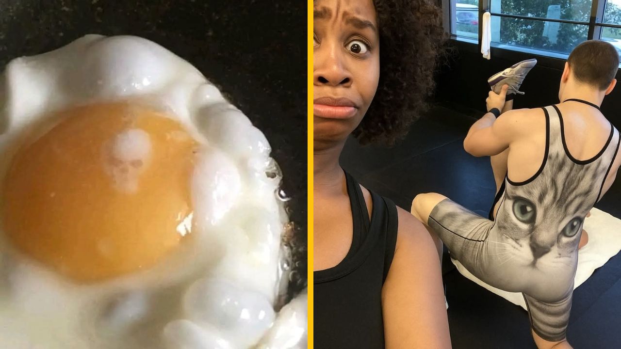 Záhadná podobnosť smaženého vajca a človeka v telocvični s oblečením s motívom mačky.