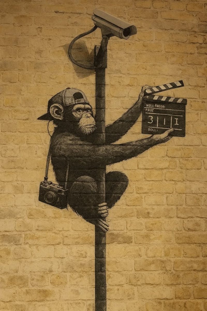 Opička na stĺpe s klapkou a fotoaparátom, symbolizuje sledovanie a kreatívnu slobodu.