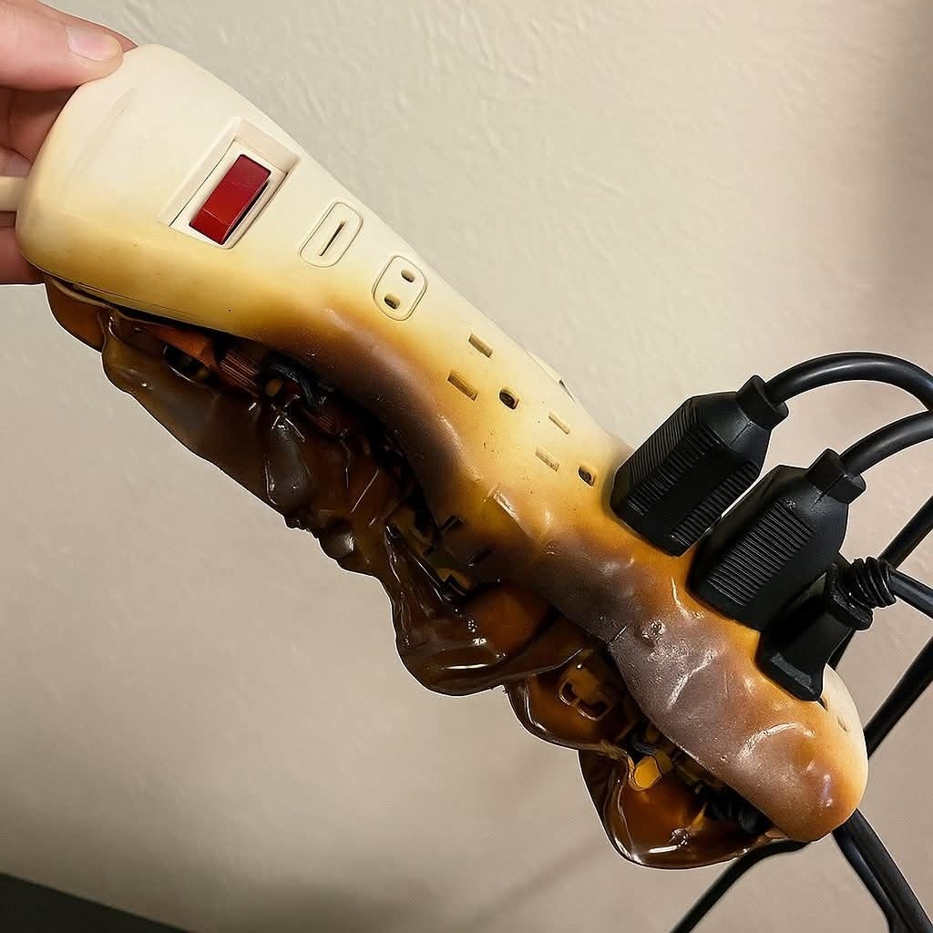 Predlžovačka poškodená požiarom ukazujúca riziká preťaženia elektroinštalácie.