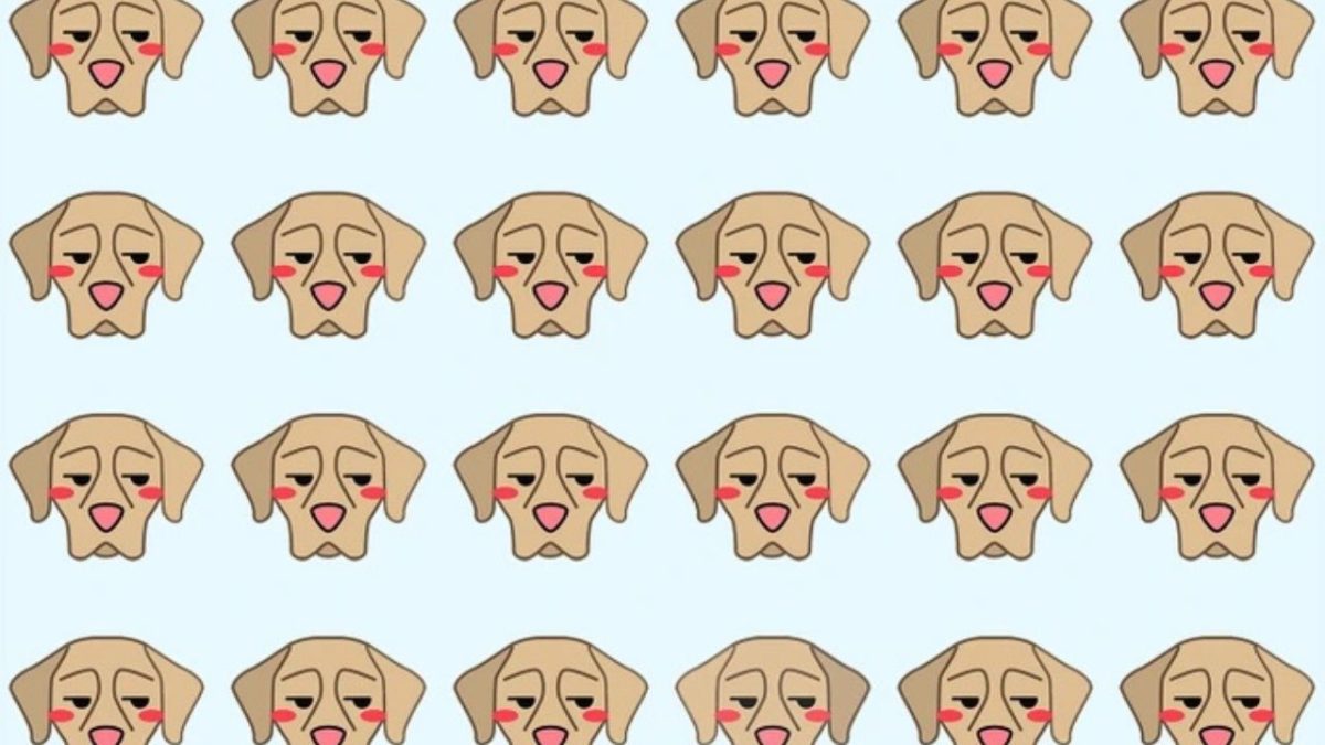 Opakovane smutné psie emoji s červenými lícami na svetlom pozadí.