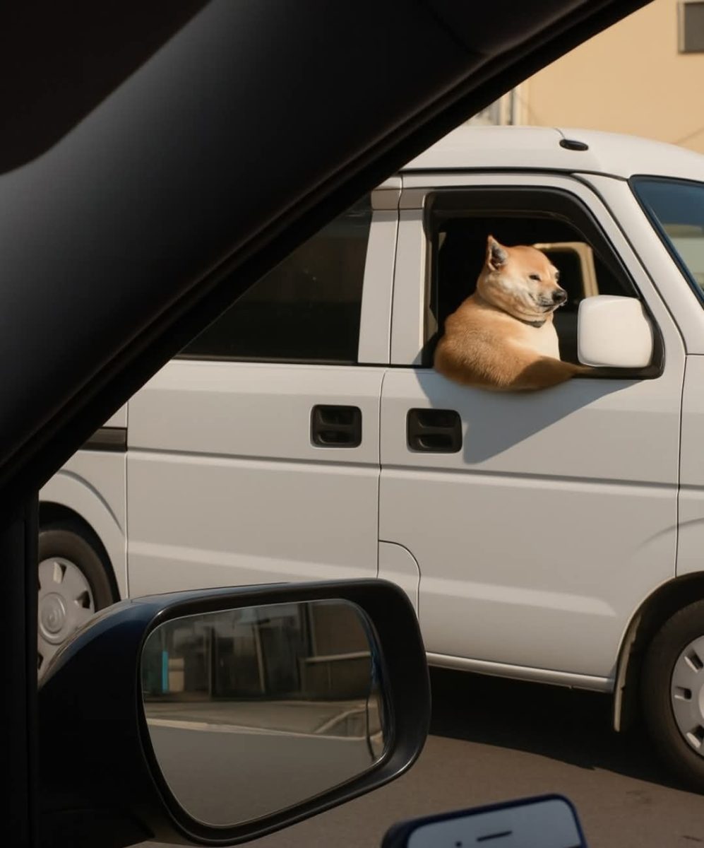 Pes vyzerá spokojne, sedí pri okne v bielom aute a obdivuje výhľad počas jazdy po meste.