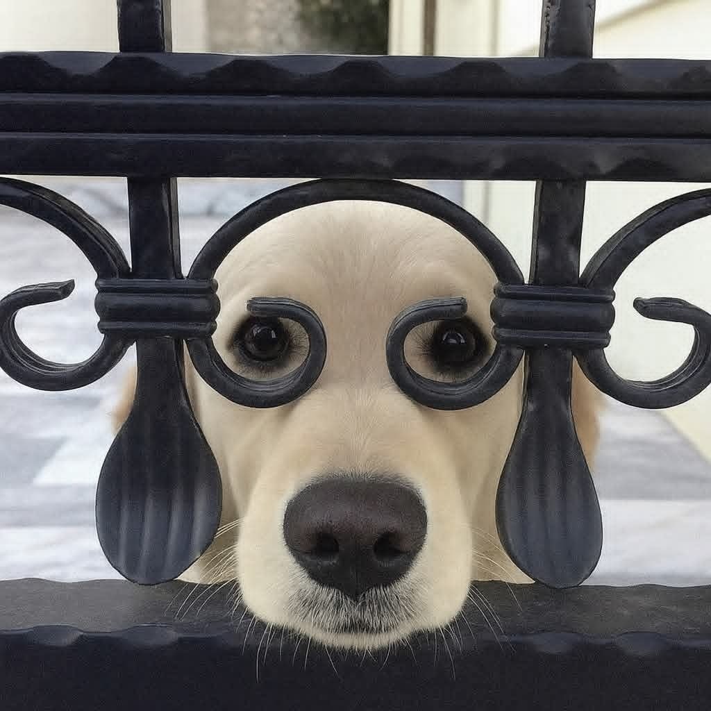 Pes hľadí cez kovovú bránu, jeho oči vykúkajú skrz ozdobný vzor.