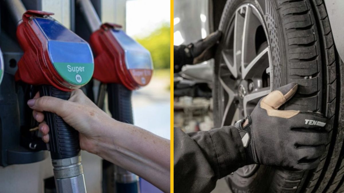 Čerpacia pištoľ benzínu Super a kontrola dezénu pneumatiky. Bezpečnosť jazdy a údržba vozidla.