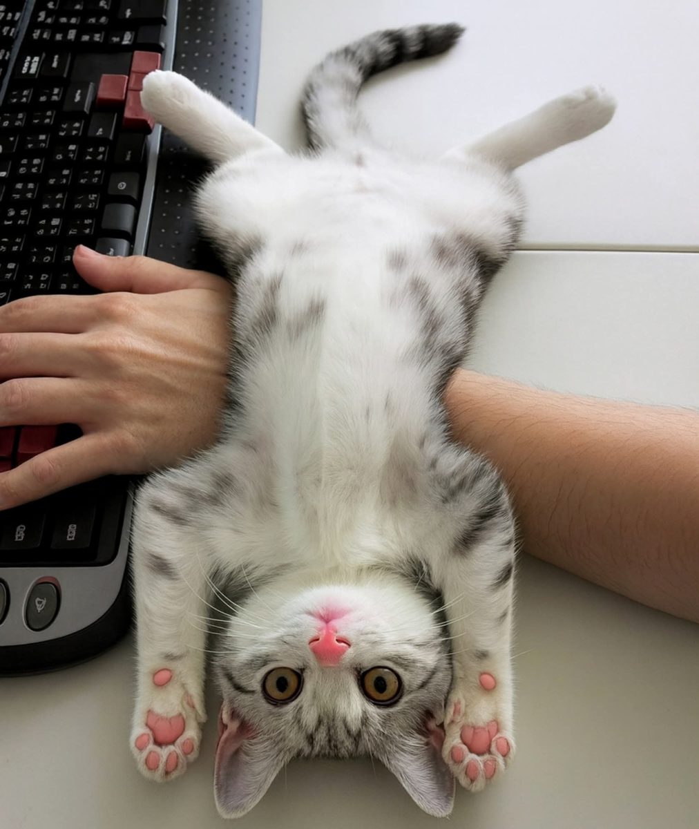 Mačka leží hore nohami na ruke pri klávesnici, zvedavo sleduje okolie s roztomilými ružovými labkami.