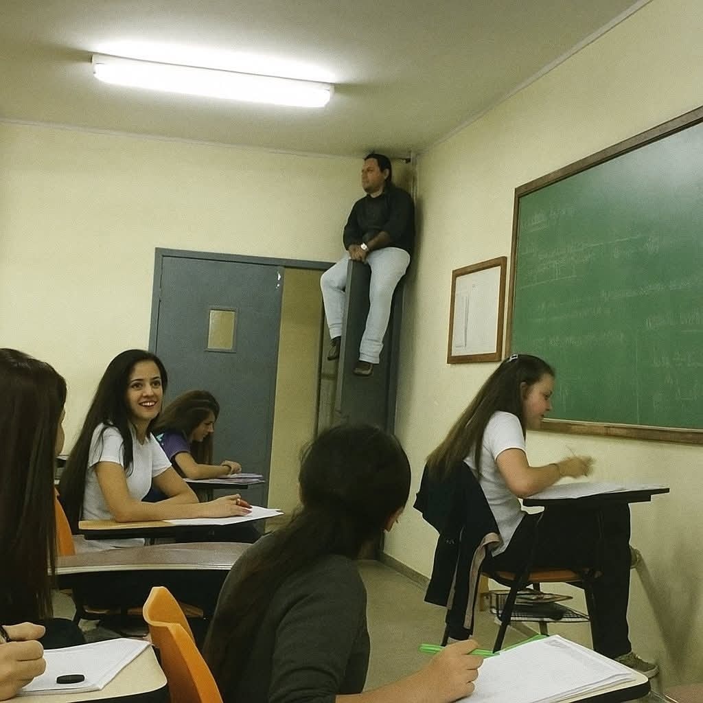 Ľudia písajúci poznámky, kým muž sedí na vysokej skrini v triede.