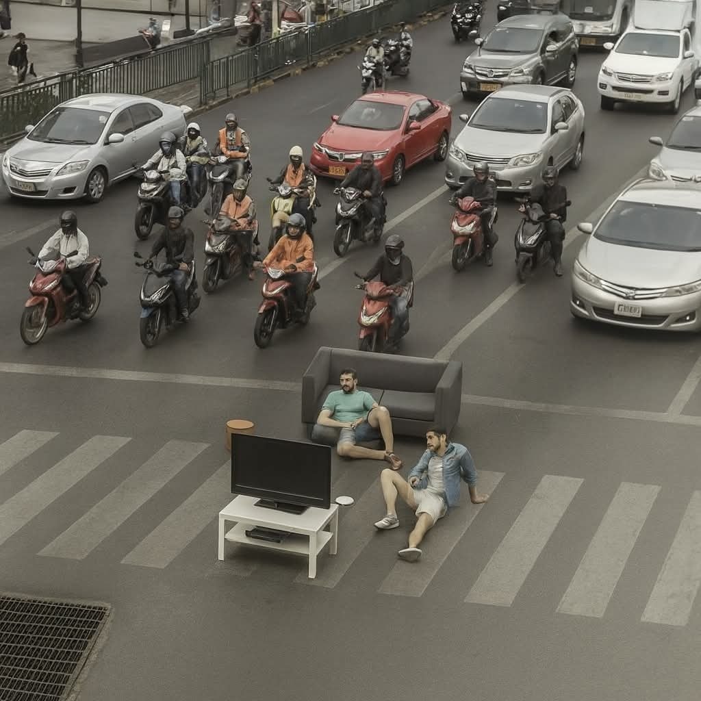 Dvaja muži relaxujú na sedačke uprostred rušnej križovatky, sledovanie TV v premávke.