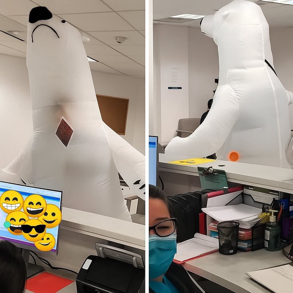 Nafukovací polárny medveď stojí v kancelárii pri počítači vedľa pracovníkov.