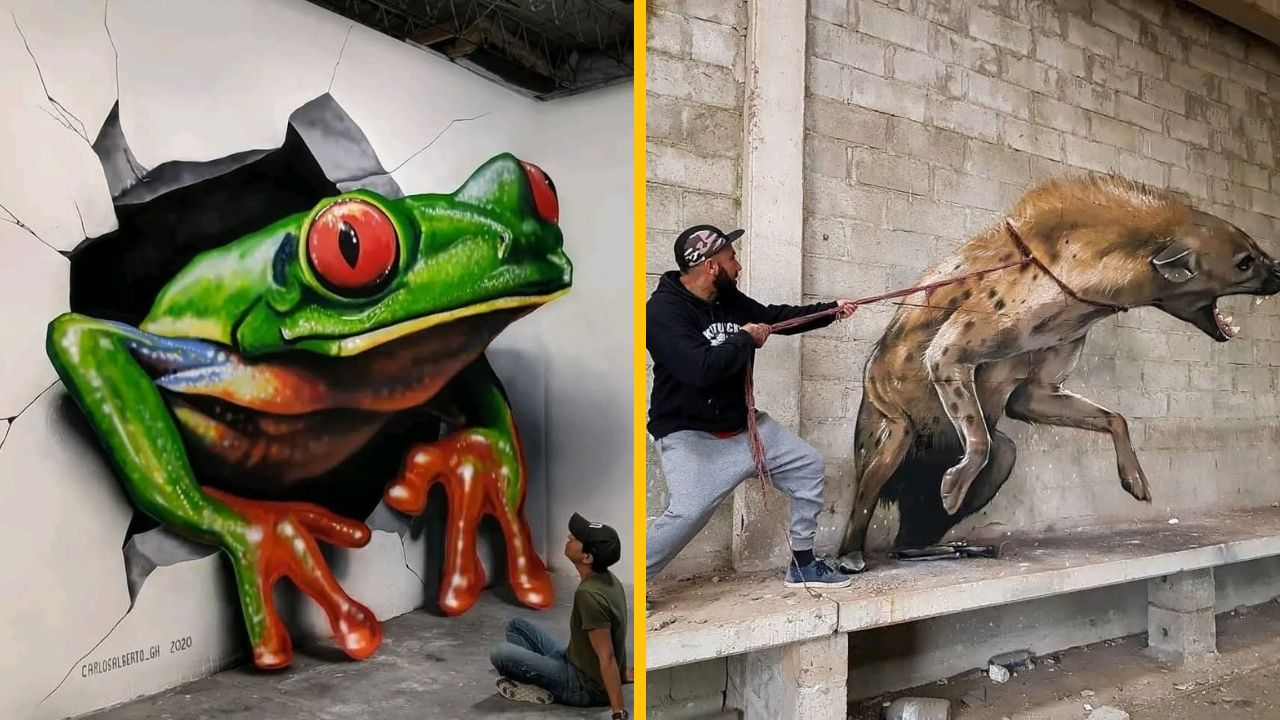 Umelecké 3D grafity s realistickou žabou a hyenou, vytvárajúce ilúziu prenikania cez stenu.