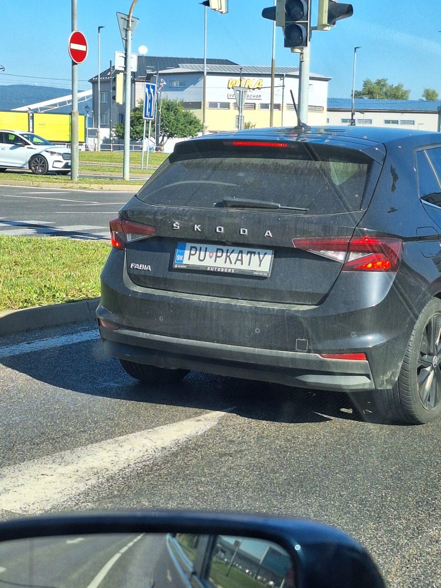 Auto Škoda Fabia s poznávacou značkou na ceste pri svetelnej križovatke za slnečného dňa.