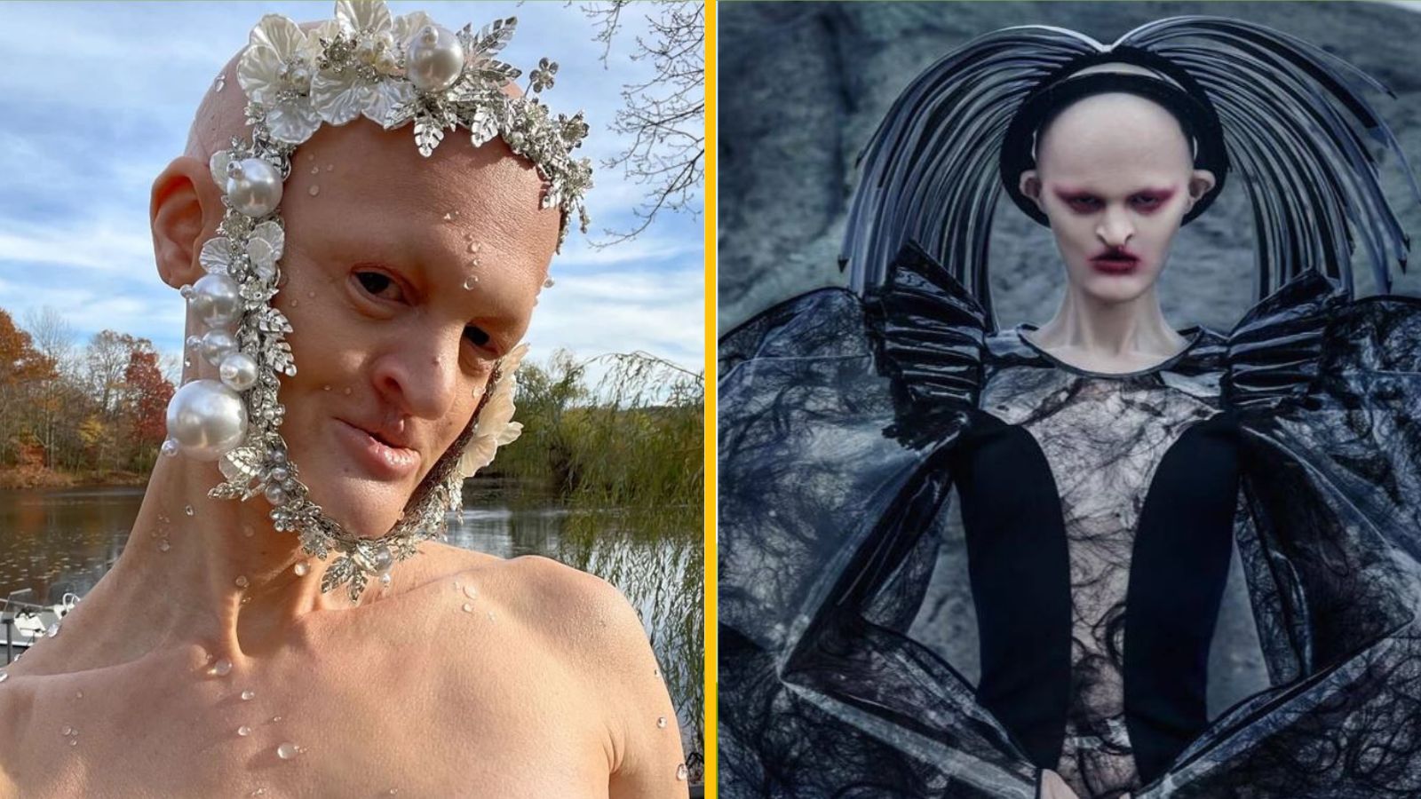 Osoba v ozdobnom kvetinovom čelenke a extravagantnom čiernom šate pózuje vonku a na kamennej kulise.