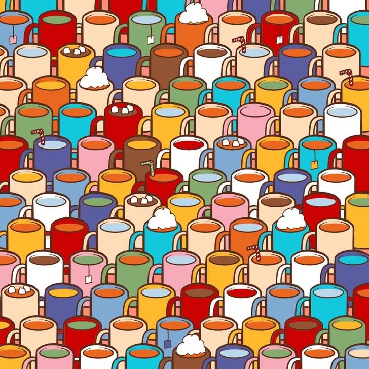 Ilustrácia s množstvom farebných hrnčekov naplnených rôznymi nápojmi, každý s vlastným unikátnym dizajnom.