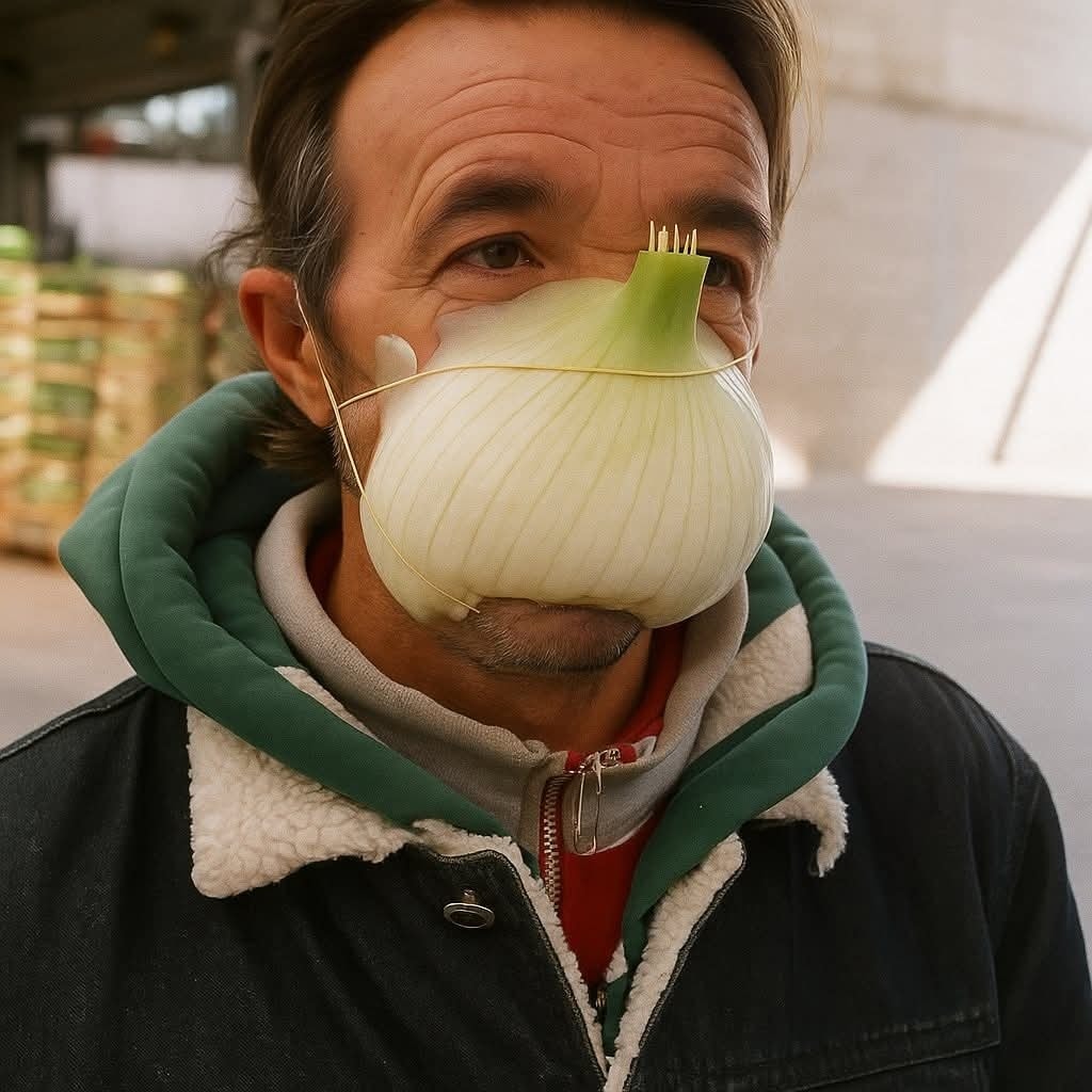Osoba s čiapkou a bundou nosí zábavnú masku z cibule. Kreatívny prístup k ochrane tváre vo vonkajšom prostredí.