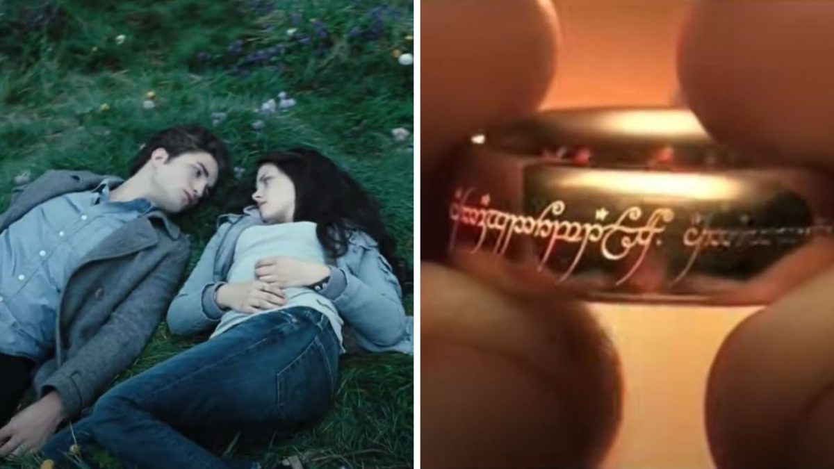 Dvojica leží na tráve vedľa zlatej prsteňa s nápisom; príroda a záhadný šperk.