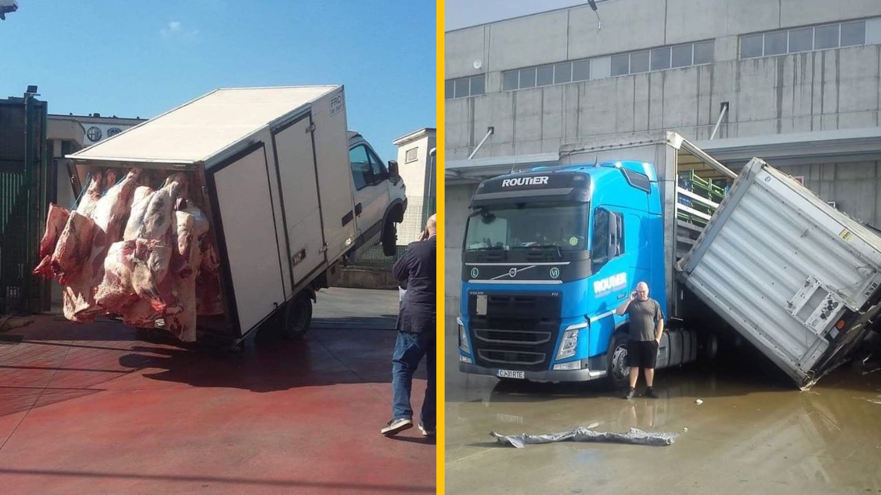 Nákladiaky v problémoch: Jeden preťažený mäsom, druhý so spadnutým kontajnerom. Opatrnosť na cestách.