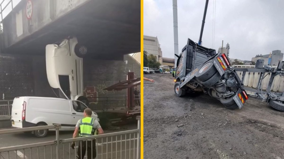 Dodávka uviaznutá pod mostom a prevrátený kamión na stavbe, zasahujú bezpečnostné zložky.