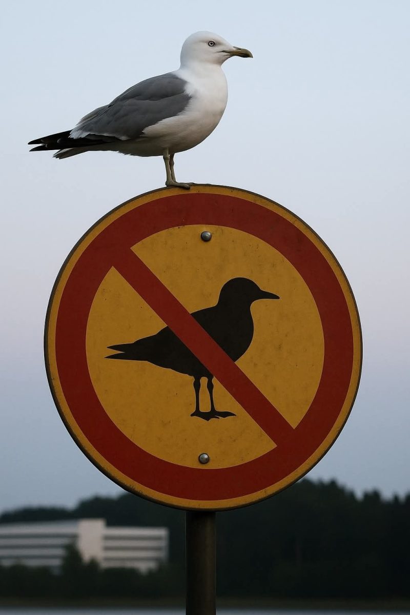 Čajka sediaca na zákaze pre vtáky, paradoxná scéna na dopravnej značke.