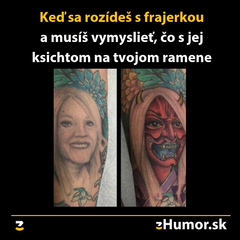 Tetovanie pred a po rozchode: premenu tváre na démonickú masku. Zábavná transformácia tetovania na ramene.