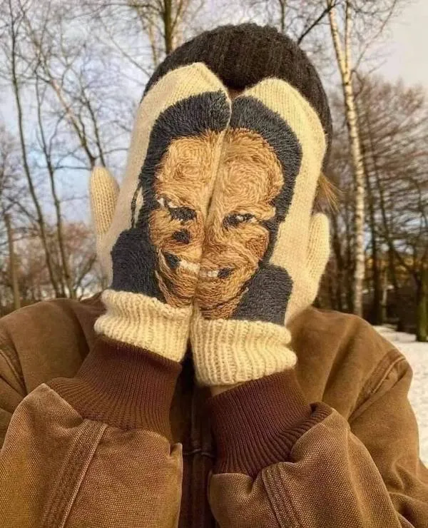 Osoba s rukavicami s vyšitým úsmevom, zakrývajúca si nimi tvár v zimnom parku.