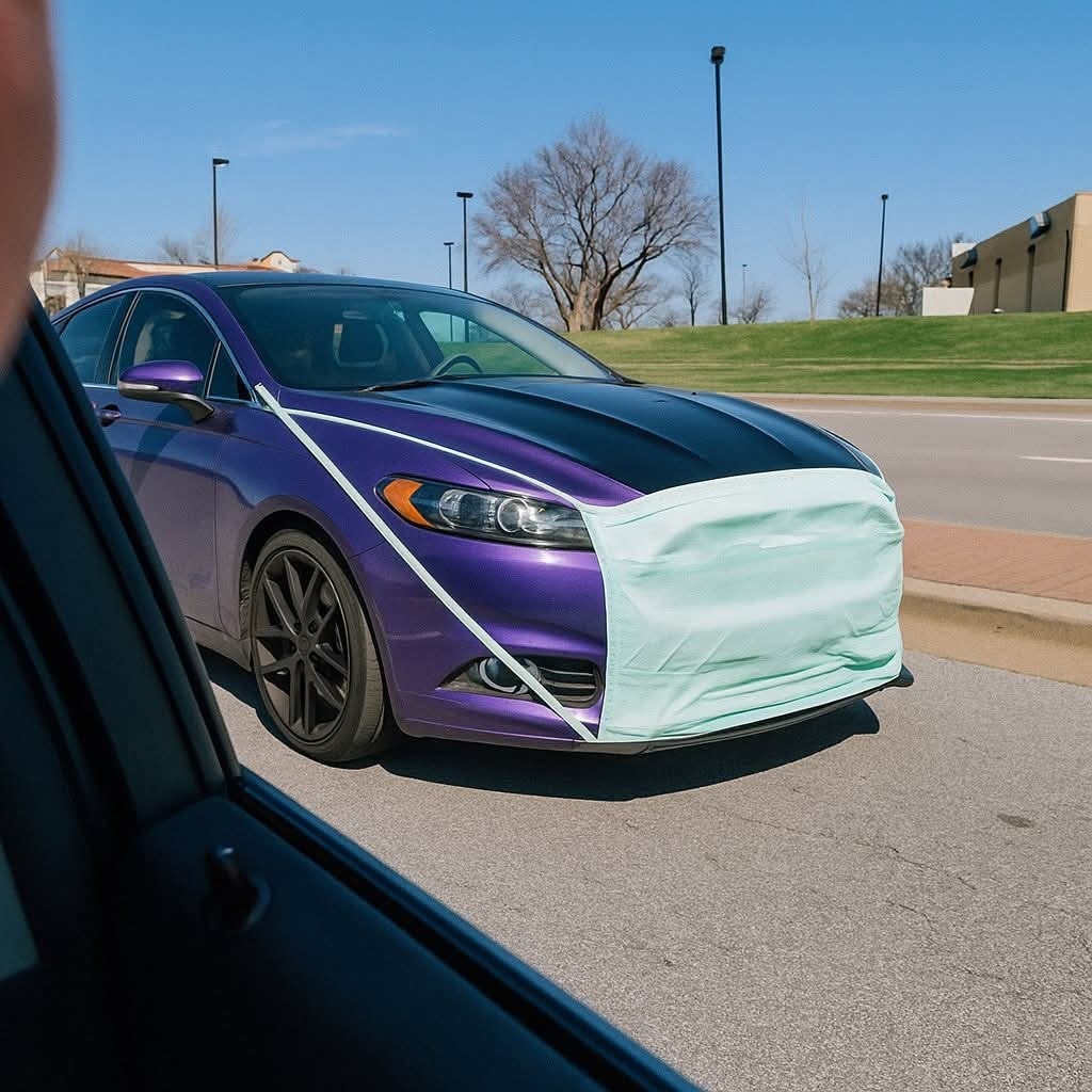 Fialové auto s veľkou rúškou na prednej maske počas dňa, kreatívna ochrana proti COVID-19.