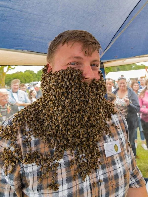 Muž s bradou z včiel na včelárskej výstave pod stanom, obkolesený ľuďmi.