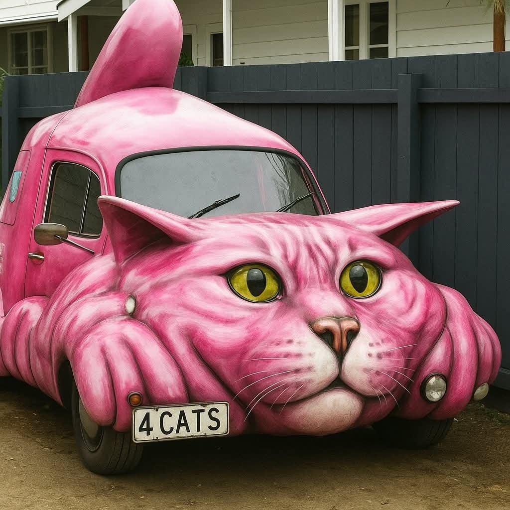 Ružové auto s dizajnom obrovskej mačky pred domom s tmavým plotom, ŠPZ 4 CATS.