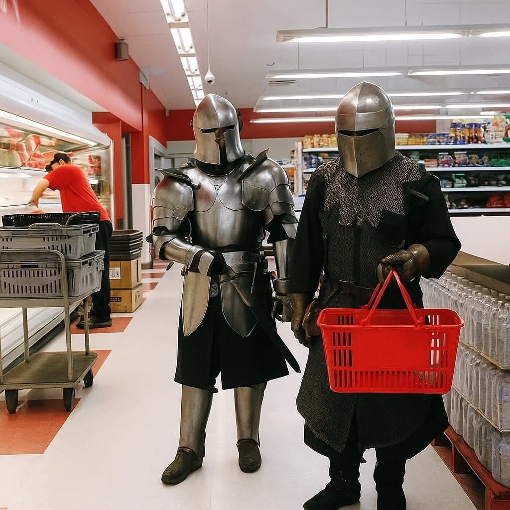Dvaja rytieri v brnení nakupujú v supermarkete, jeden nesie červený nákupný košík.