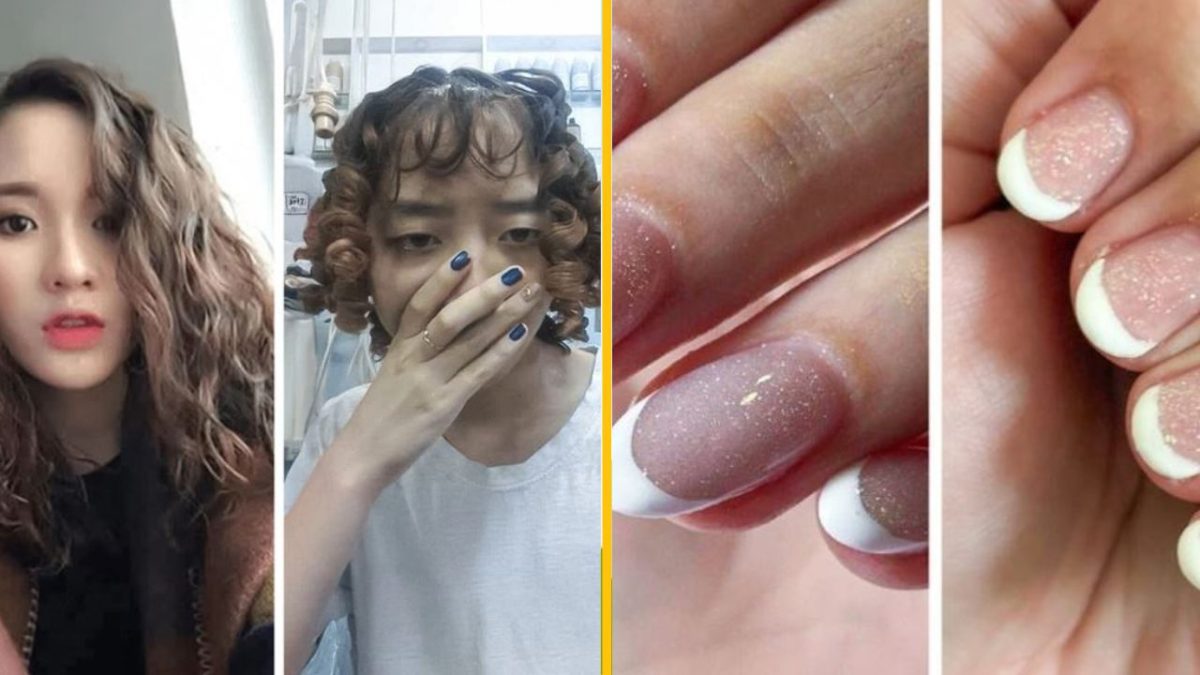 Žena s kučeravými vlasmi a nechty s jemným trblietaním, zmena vzhľadu a moderná úprava nechtov.