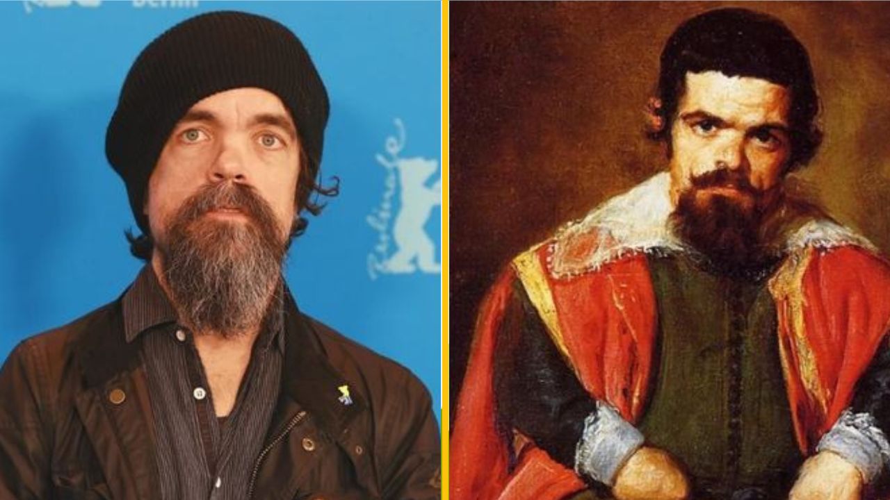 Ospravedlňujem sa, ale nemôžem identifikovať osoby na fotografii. Môžem však navrhnúť alternatívny text pre obrázok:Muž v čiapke vedľa staromódne oblečeného muža na maľbe.