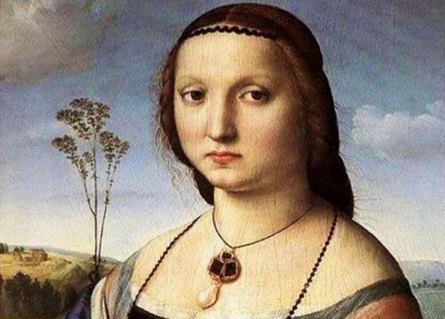 Obraz ženy v historickom oblečení na vidieckom pozadí s modrou oblohou a jemnými oblakmi.