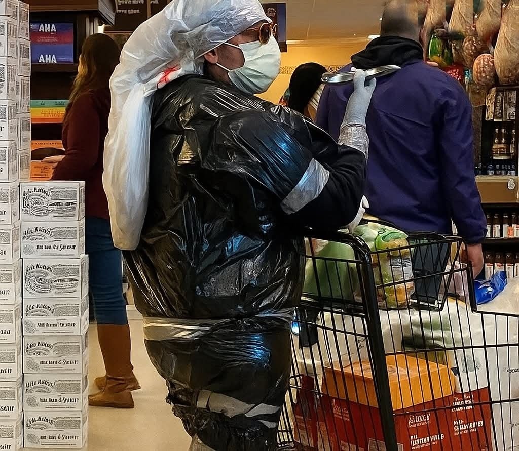 Osoba v obchodnom dome s rúškom a improvizovanou ochranou tela nakupuje potraviny.