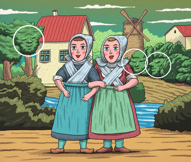 Ilustrácia dvoch dedinských dievčat pred chalupou, veterným mlynom a stromami s tvárami na vidieku.