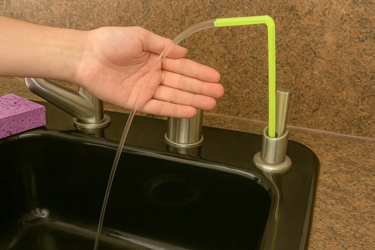 Ruka držiaca plastovú slamku pripojenú k umývadlu v kuchyni, vedľa fialovej špongie.