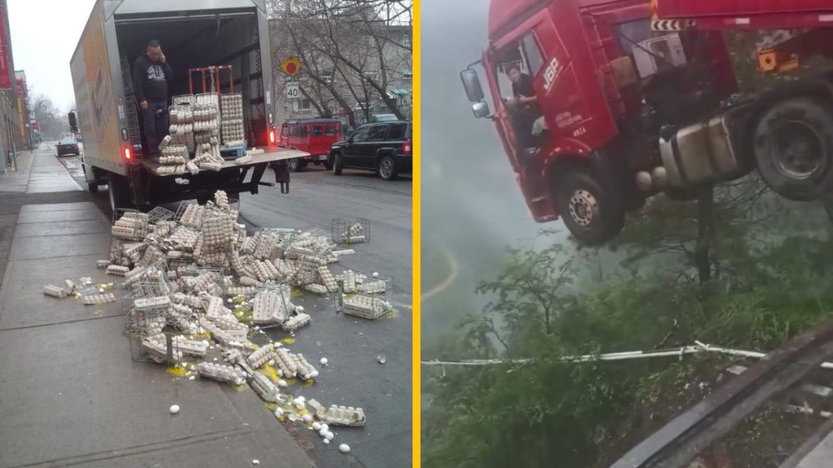 Nákladné autá s problémami: jedno vyklopilo vajcia na ulici, druhé visí na hrane cesty. Dramatické chvíle!