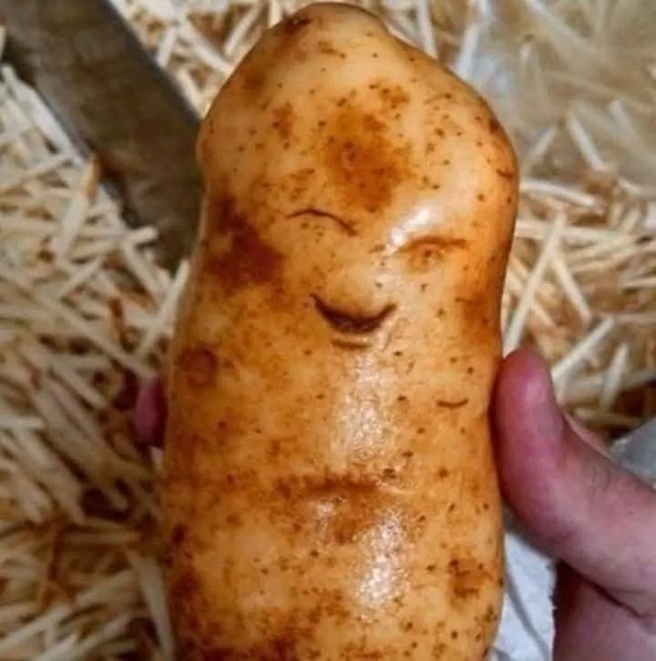 Zemiak s úsmevom držaný v ruke, pripomínajúci tvár, na pozadí strúhanky, zábavný kuchynský moment.