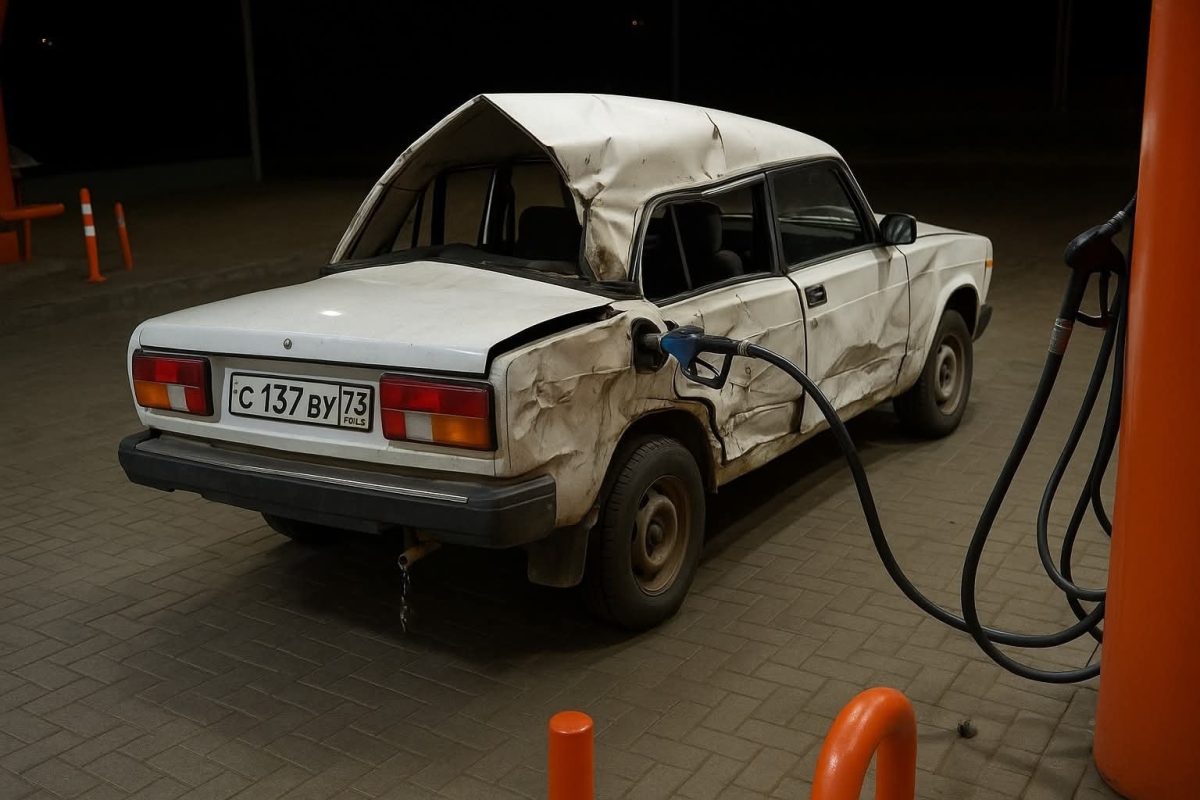Staré auto s poškodenou karosériou tankuje benzín na pumpe v noci.