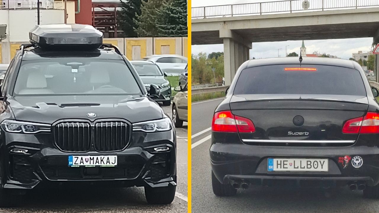 Dva čierne autá s personalizovanými ŠPZ: predné ZMAKAJ a zadné HELLBOY, parkované vedľa seba.