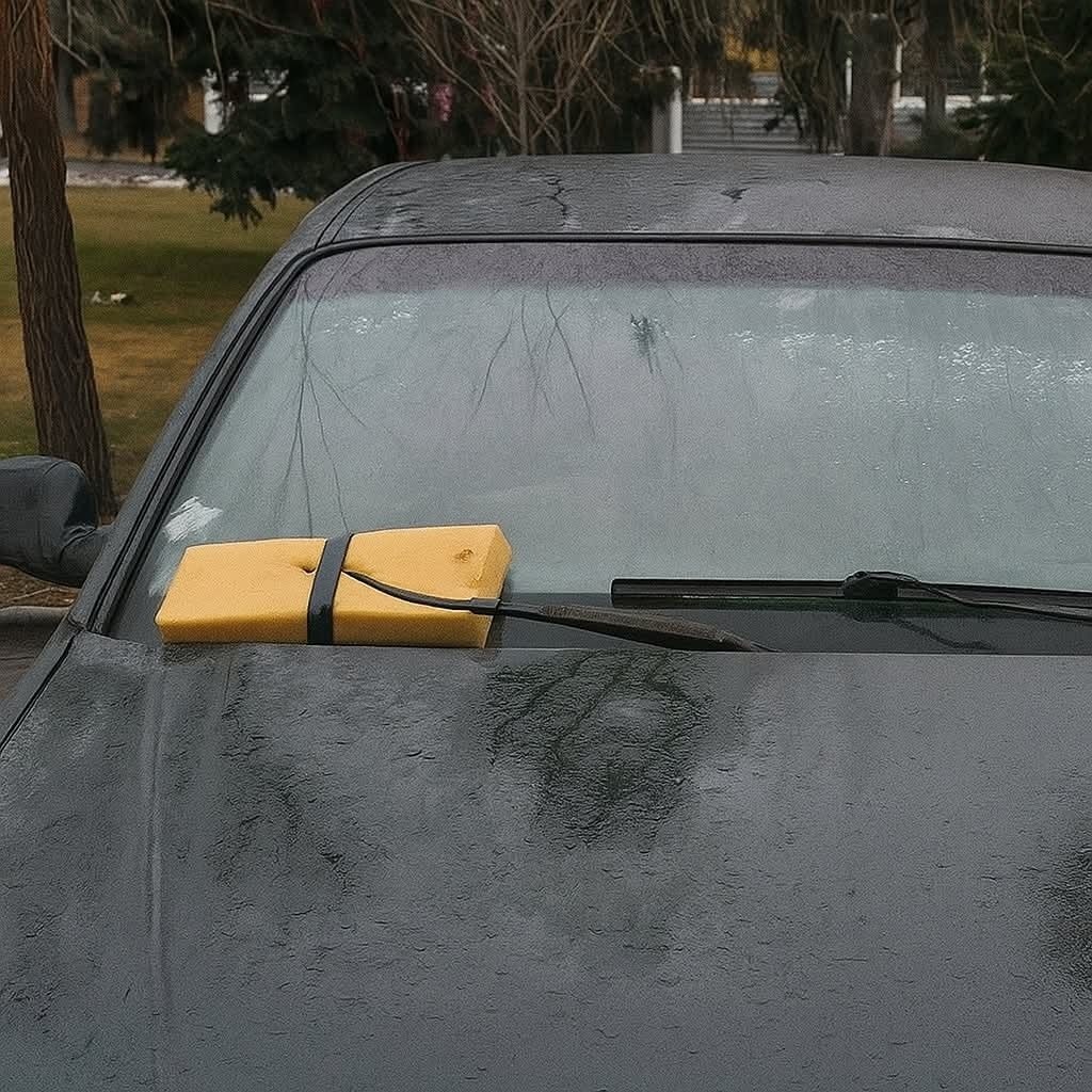 Auto s hubkou a stieračom na mokrej kapote, zaparkované pred stromami v daždivom počasí.