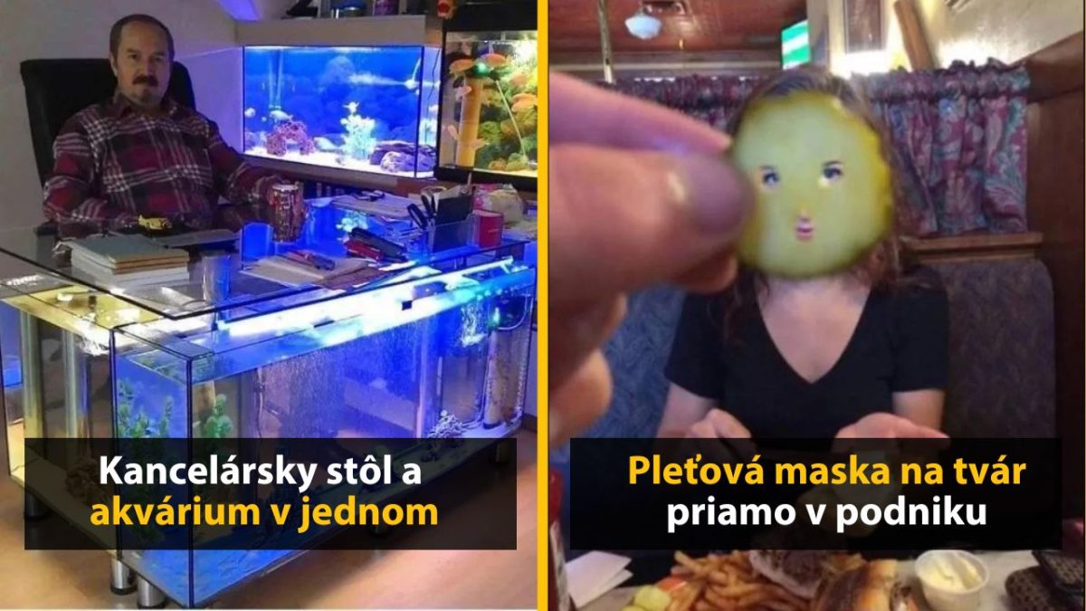 Muž pri stole s akváriom a žena s uhorkou pred tvárou v reštaurácii, zábavné momenty.