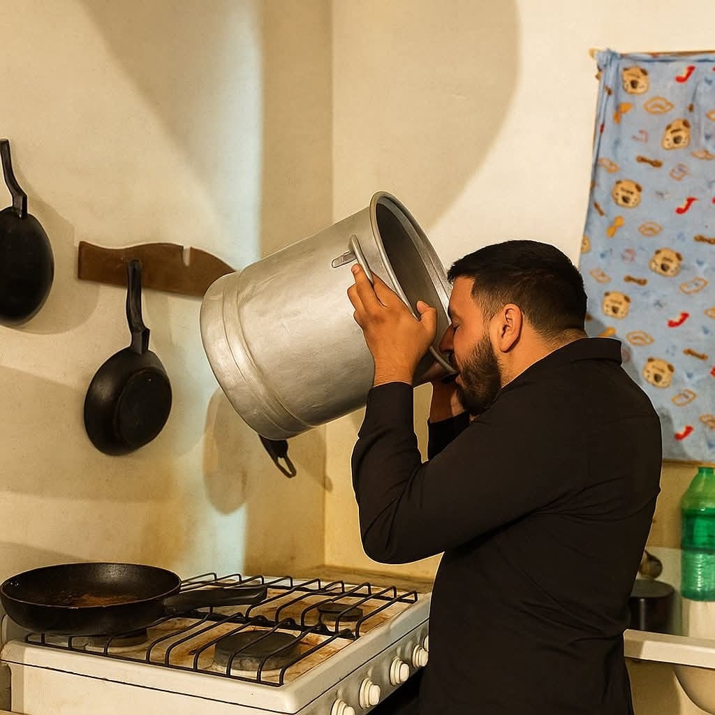 Osoba pije z veľkého hrnca pri sporáku v kuchyni, okolo visia panvice a na stene je obrázková utierka.