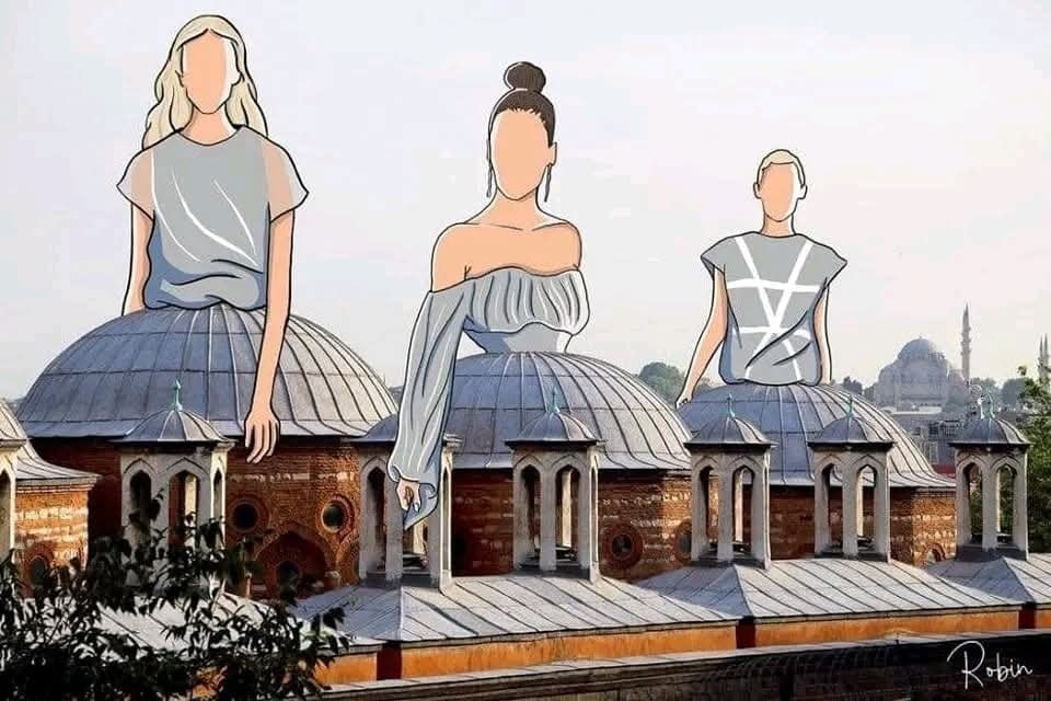 Ilustrácia módy na strechách budov v Istanbule, kreatívna montáž spájajúca architektúru a dizajn.