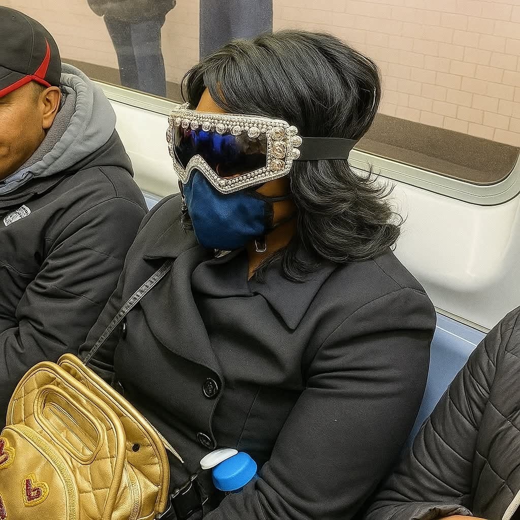 Osoba v extravagantných okuliaroch a rúšku sedí v dopravnom prostriedku, s kabelkou a fľašou na bok.