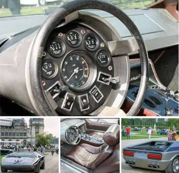 Unikátne historické auto s netradičným volantom a luxusným interiérom vystavené vonku na podujatí.