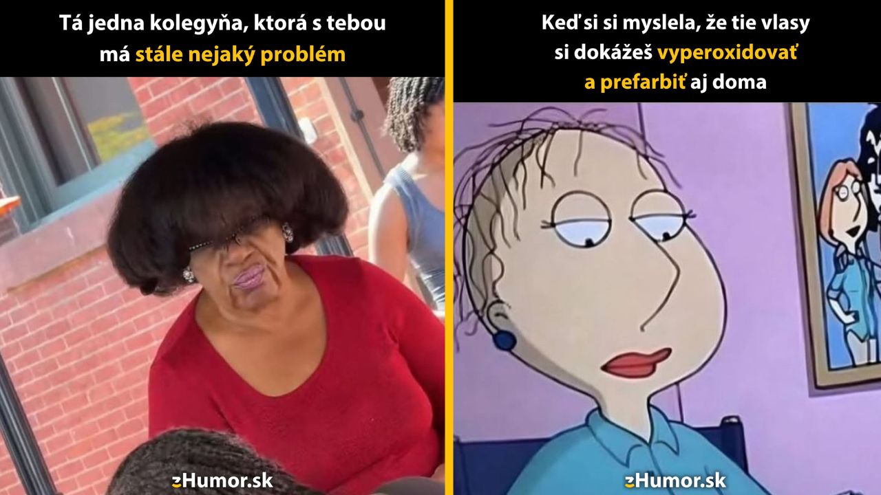 Žena s neobvyklým účesom a animovaná postava ilustrujú zábavný komentár na tému vlasov a kolegiálnych vzťahov.