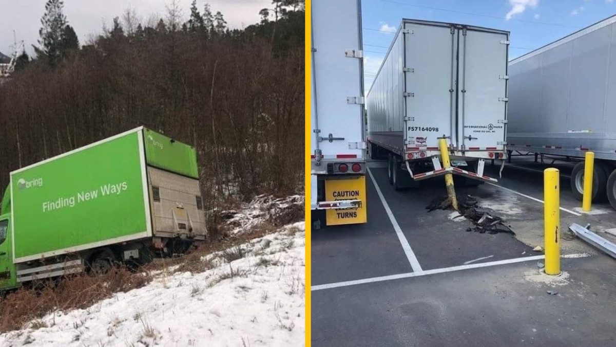 Kamión zapadnutý do priekopy a iný poškodený narazením do stĺpika na parkovisku.
