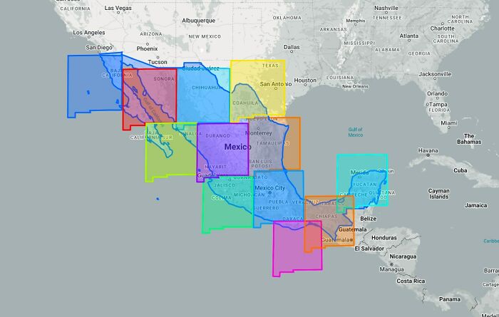 Mapa zobrazujúca časti USA a Mexika s vyznačenými farebnými hranicami štátov.