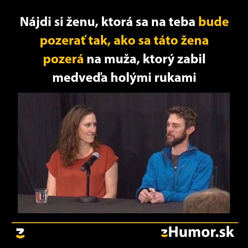 Žena obdivne hľadí na muža pri tlačovej konferencii, text hovorí o nájdení partnerky s rovnakým pohľadom.