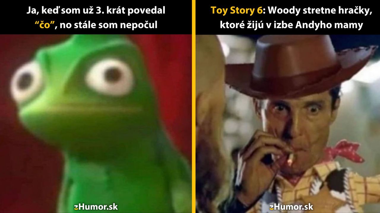 Žaba s veľkými očami a muž v kovbojskom klobúku, vtipná situácia s titulkami.