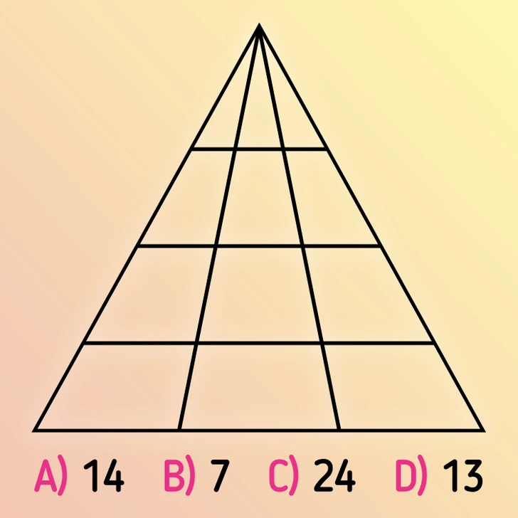 Obrázok pyramídy rozdelenej mriežkami s rôznymi číselnými odpoveďami na spodku: A) 14, B) 7, C) 24, D) 13.