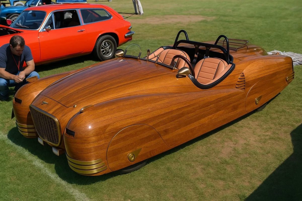 Drevené auto na trávnatej ploche, s moderným dizajnom, vedľa červeného klasického auta.