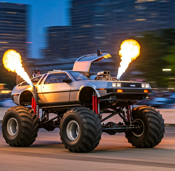Monster truck s ohnivými výfukmi v akcii, inšpirovaný filmovou klasikou, jazdí mestom pri západe slnka.